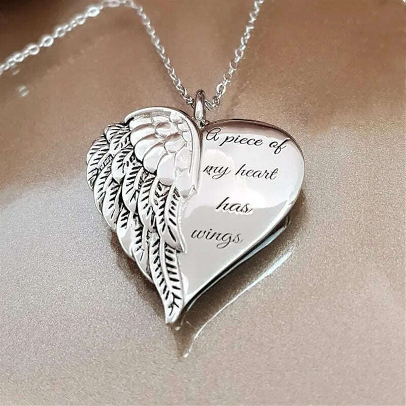 KIMLUD, Hot Sale Women Necklace Letter A Piece Of My Heart Has Wings Gold Silver Alloy Love Heart Wings Pendant Feather Angel Necklaces, KIMLUD Womens Clothes