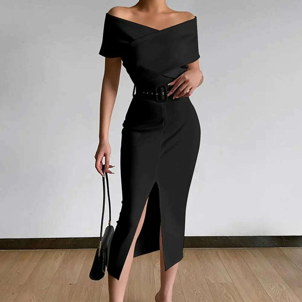 KIMLUD, Hot！Women Elegant Off Shoulder Dress Black/White with Belt Mid Calf Skinny Strapless Fine Sewing Party Evening Dress for Office, KIMLUD Womens Clothes