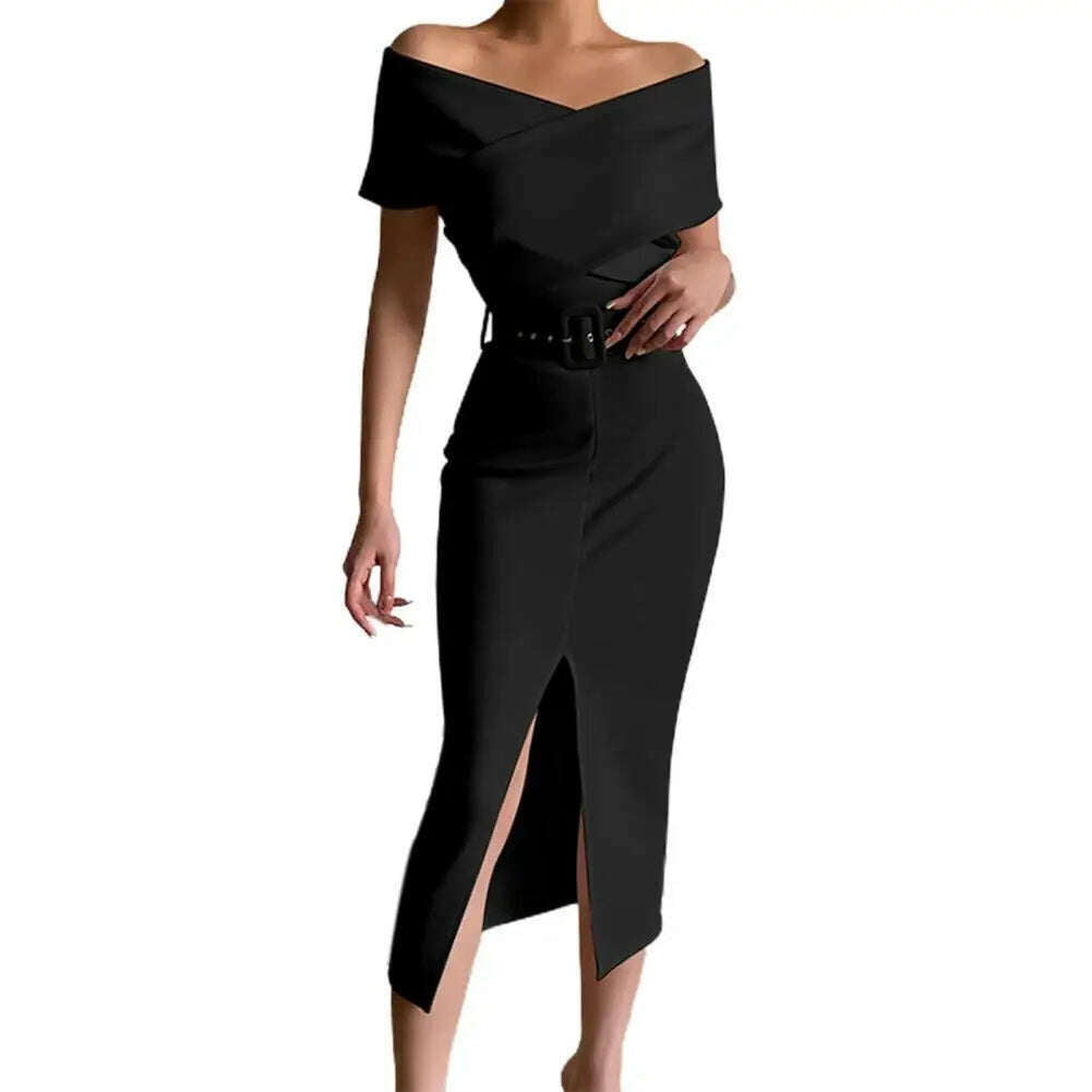 KIMLUD, Hot！Women Elegant Off Shoulder Dress Black/White with Belt Mid Calf Skinny Strapless Fine Sewing Party Evening Dress for Office, Black / 3XL / United States, KIMLUD APPAREL - Womens Clothes