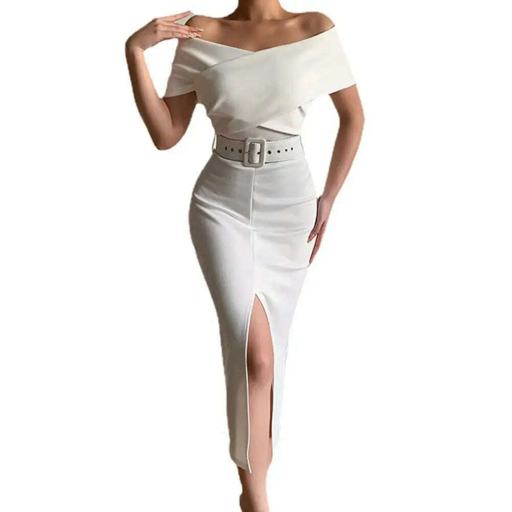 KIMLUD, Hot！Women Elegant Off Shoulder Dress Black/White with Belt Mid Calf Skinny Strapless Fine Sewing Party Evening Dress for Office, White / M / United States, KIMLUD APPAREL - Womens Clothes