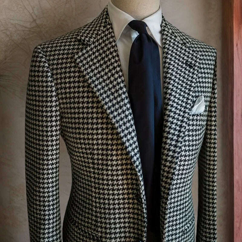 Houndstooth Business Blazer for Men 2023 Plaid Notched Lapel Suit Jacket Formal Male Fashion Coat - KIMLUD