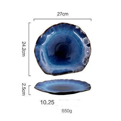 KIMLUD, Household Ceramic Dinner Plate European Style Blue Glaze Salad Bowl Irregular Tableware Western Dinner Plate/kitchen Supplies, 1pcs- 10.25 inch, KIMLUD APPAREL - Womens Clothes