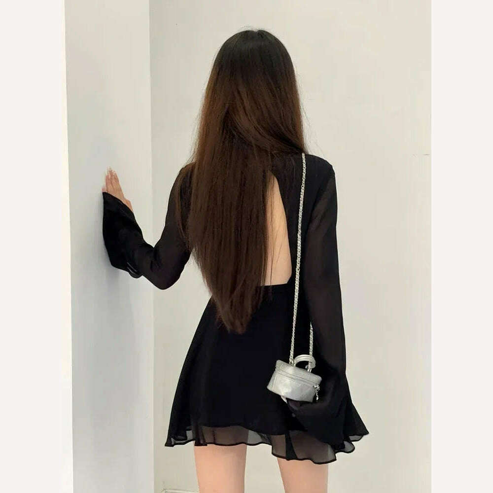 HOUZHOU Backless Black Dress Women Elegant Back Hollow Out Lace-up Long Sleeve Mesh Patchwork Sexy Slim Ruffle Mini Dress Party - KIMLUD