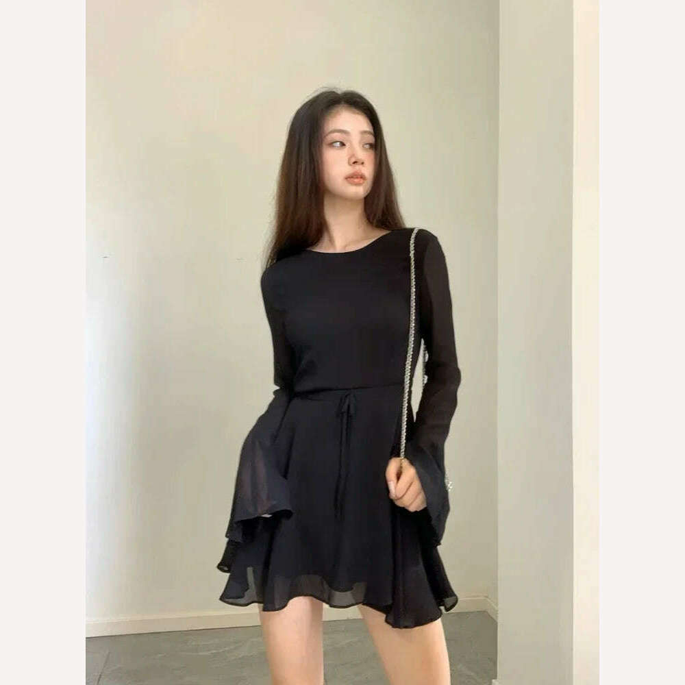 HOUZHOU Backless Black Dress Women Elegant Back Hollow Out Lace-up Long Sleeve Mesh Patchwork Sexy Slim Ruffle Mini Dress Party - KIMLUD