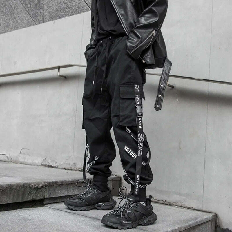 KIMLUD, HOUZHOU Black Cargo Pants Men Joggers Cargo Trousers for Men Jogging Japanese Streetwear Hip Hop Hippie Techwear Gothic Ribbon, KIMLUD Womens Clothes