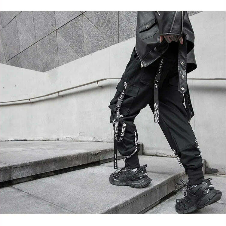 KIMLUD, HOUZHOU Black Cargo Pants Men Joggers Cargo Trousers for Men Jogging Japanese Streetwear Hip Hop Hippie Techwear Gothic Ribbon, KIMLUD Womens Clothes