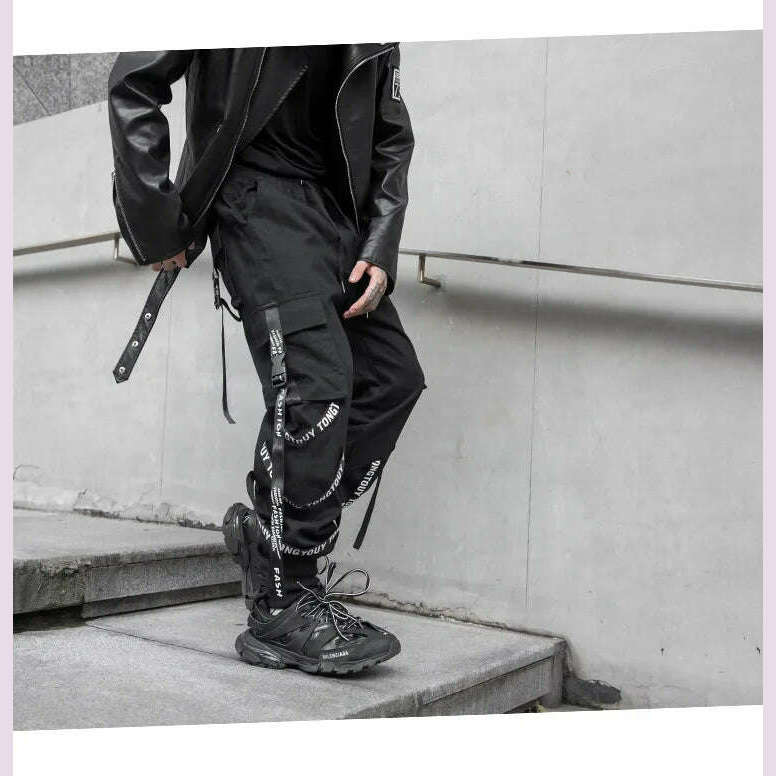 KIMLUD, HOUZHOU Black Cargo Pants Men Joggers Cargo Trousers for Men Jogging Japanese Streetwear Hip Hop Hippie Techwear Gothic Ribbon, KIMLUD Womens Clothes