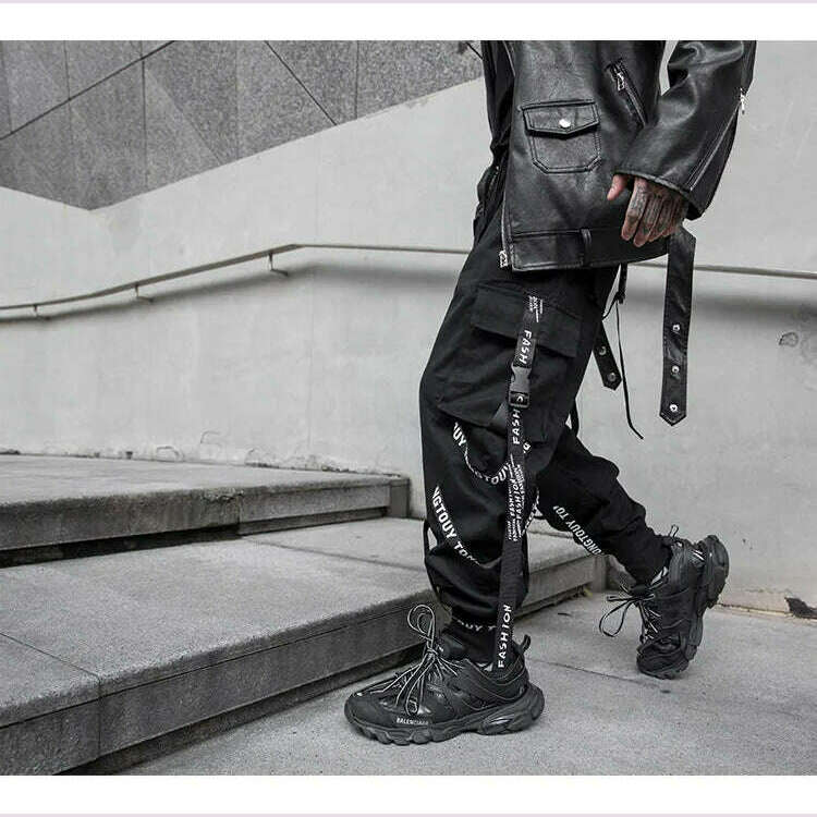 KIMLUD, HOUZHOU Black Cargo Pants Men Joggers Cargo Trousers for Men Jogging Japanese Streetwear Hip Hop Hippie Techwear Gothic Ribbon, KIMLUD Womens Clothes