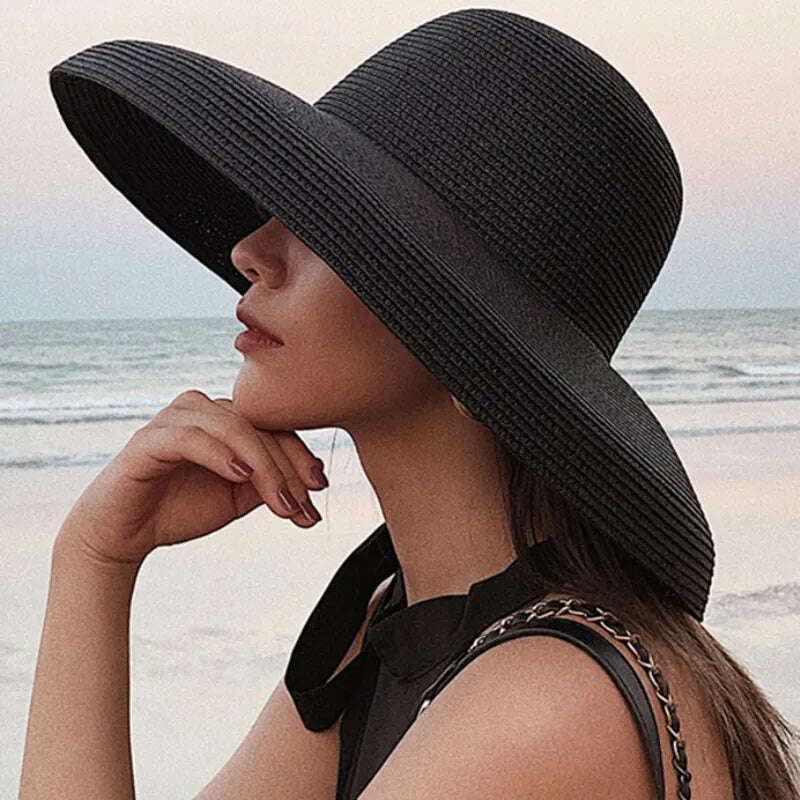 KIMLUD, HT2303 2023 New Summer Sun Hats Ladies Solid Plain Elegant Wide Brim Hat Female Round Top Panama Floppy Straw Beach Hat Women, KIMLUD Womens Clothes