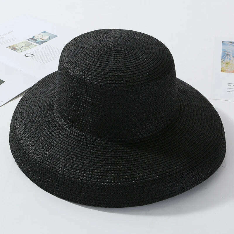 KIMLUD, HT2303 2023 New Summer Sun Hats Ladies Solid Plain Elegant Wide Brim Hat Female Round Top Panama Floppy Straw Beach Hat Women, Black, KIMLUD APPAREL - Womens Clothes