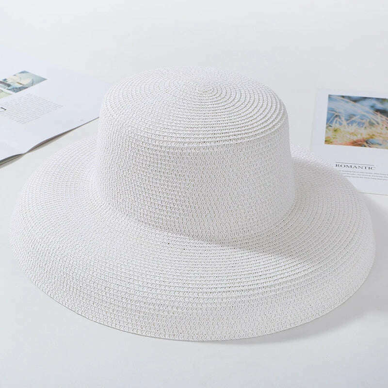 KIMLUD, HT2303 2023 New Summer Sun Hats Ladies Solid Plain Elegant Wide Brim Hat Female Round Top Panama Floppy Straw Beach Hat Women, White, KIMLUD APPAREL - Womens Clothes