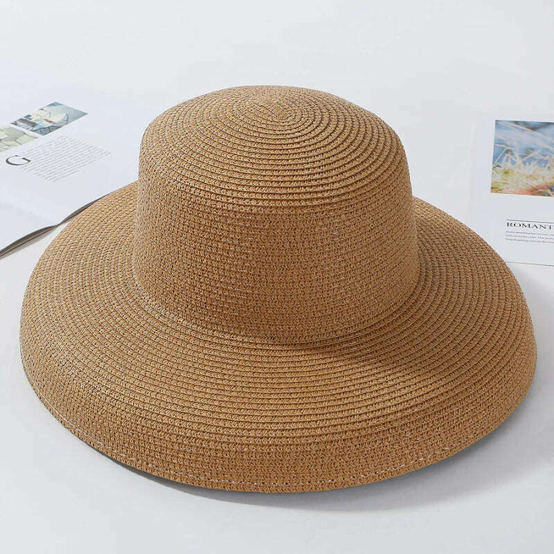 KIMLUD, HT2303 2023 New Summer Sun Hats Ladies Solid Plain Elegant Wide Brim Hat Female Round Top Panama Floppy Straw Beach Hat Women, Coffee, KIMLUD APPAREL - Womens Clothes