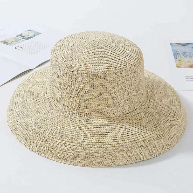 KIMLUD, HT2303 2023 New Summer Sun Hats Ladies Solid Plain Elegant Wide Brim Hat Female Round Top Panama Floppy Straw Beach Hat Women, Beige, KIMLUD APPAREL - Womens Clothes