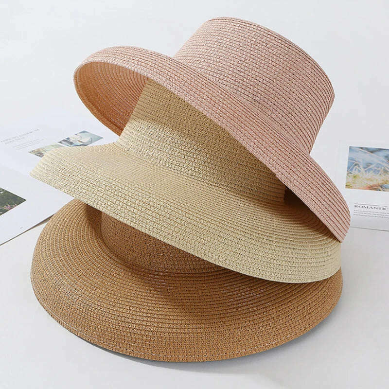 KIMLUD, HT2303 2023 New Summer Sun Hats Ladies Solid Plain Elegant Wide Brim Hat Female Round Top Panama Floppy Straw Beach Hat Women, KIMLUD Womens Clothes