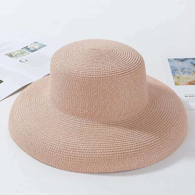 KIMLUD, HT2303 2023 New Summer Sun Hats Ladies Solid Plain Elegant Wide Brim Hat Female Round Top Panama Floppy Straw Beach Hat Women, KIMLUD Womens Clothes