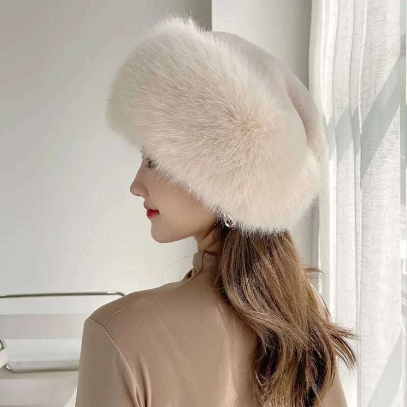 KIMLUD, HT4003 Fur Hat Women Warm Snow Ski Cap Female Faux Fox Fur Bomber Hat Lady Windproof Winter Hats for Women Russian Hat Ushanka, Beige / 56-58cm, KIMLUD APPAREL - Womens Clothes