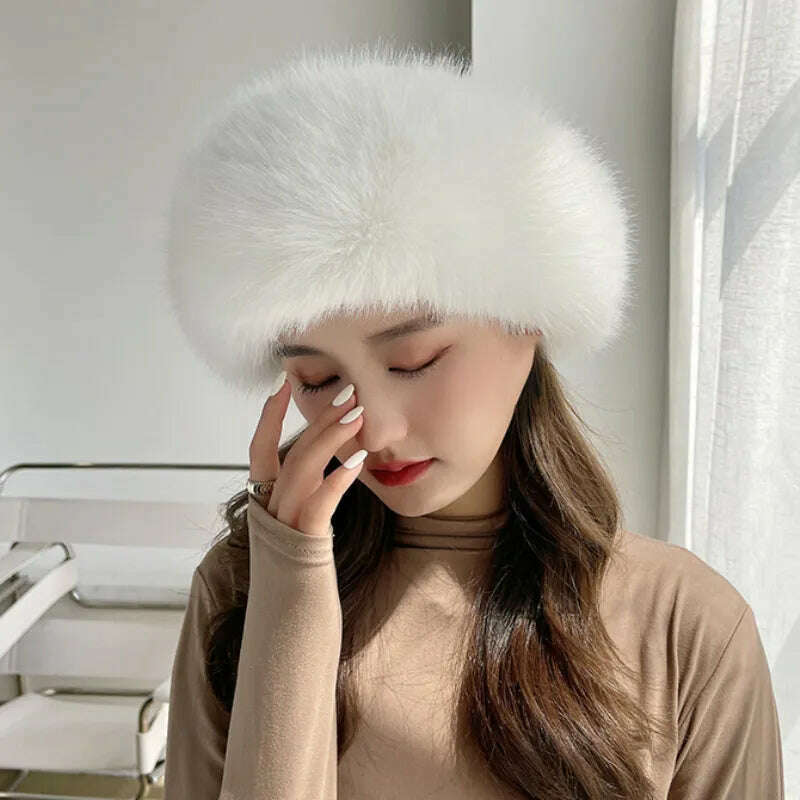 KIMLUD, HT4003 Fur Hat Women Warm Snow Ski Cap Female Faux Fox Fur Bomber Hat Lady Windproof Winter Hats for Women Russian Hat Ushanka, White / 56-58cm, KIMLUD APPAREL - Womens Clothes