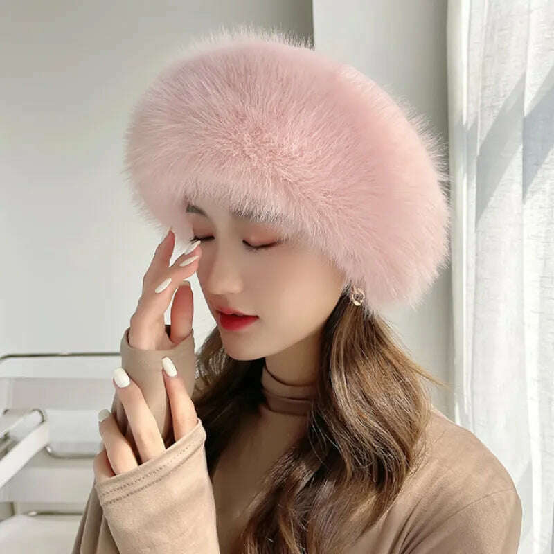 KIMLUD, HT4003 Fur Hat Women Warm Snow Ski Cap Female Faux Fox Fur Bomber Hat Lady Windproof Winter Hats for Women Russian Hat Ushanka, Pink / 56-58cm, KIMLUD APPAREL - Womens Clothes