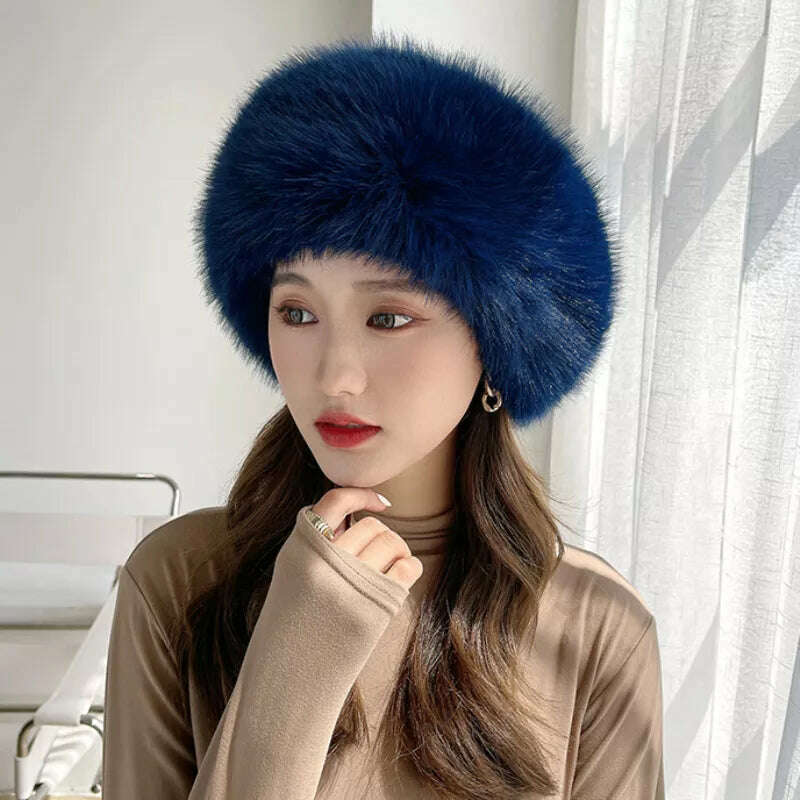 KIMLUD, HT4003 Fur Hat Women Warm Snow Ski Cap Female Faux Fox Fur Bomber Hat Lady Windproof Winter Hats for Women Russian Hat Ushanka, Blue / 56-58cm, KIMLUD APPAREL - Womens Clothes