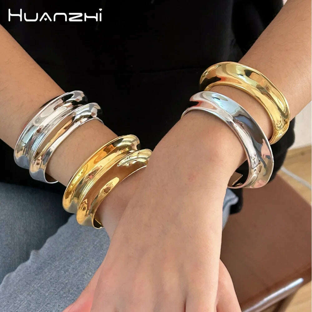 KIMLUD, HUANZHI Double Layered Wave Frisbee Smooth Chunky Metal Bangle Open Bracelet for Women Girls Exaggerated Punk Cool Jewelry Gifts, KIMLUD Womens Clothes