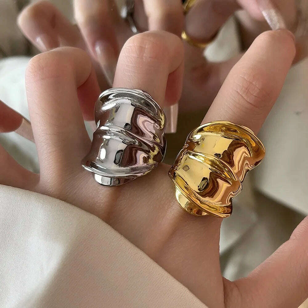 HUANZHI Wide Pleated Irregular Glossy Metal Open Chunky Ring for Women Girls Retro Hip-hop Index Finger Jewelry Gifts 2024 New - KIMLUD