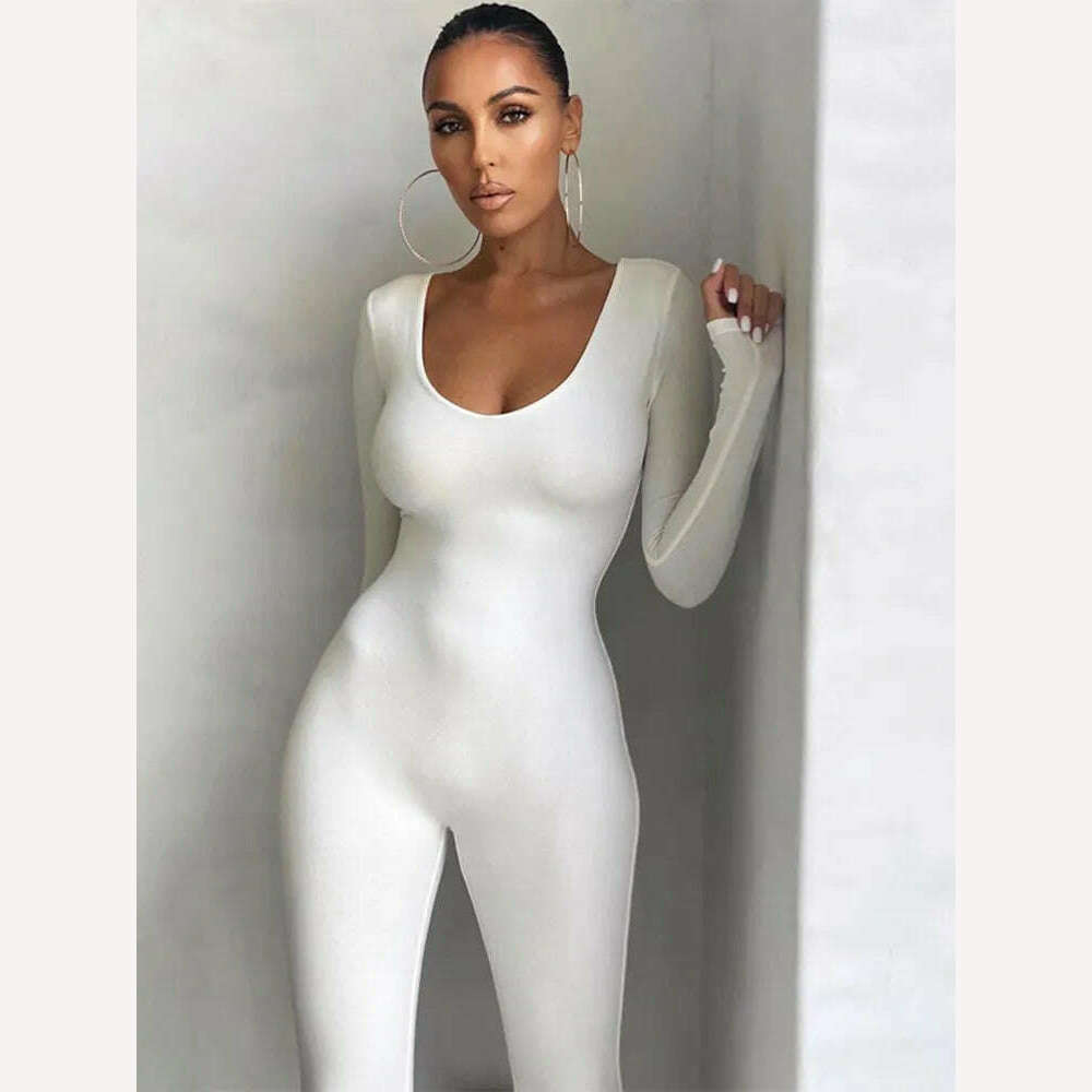 KIMLUD, Hugcitar 2023 Long Sleeve Slash Neck Skinny Solid Stretchy Bodycon Jumpsuits Autumn Winter Women Fashion Streetwear Outfits Romp, KIMLUD Womens Clothes