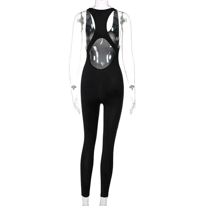 Hugcitar 2023 Sleeveless Hollow Out Solid Bodycon Jumpsuit Summer Women Fashion Streetwear Outfits Romper Sportswear - KIMLUD