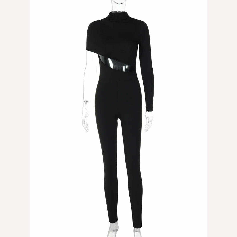 KIMLUD, Hugcitar Black Long Sleeve Asymmetrical Hollow Out Zip Up Sexy Bodycon Jumpsuit Summer Women Party Nightclub Romper Overalls Y2K, KIMLUD Womens Clothes