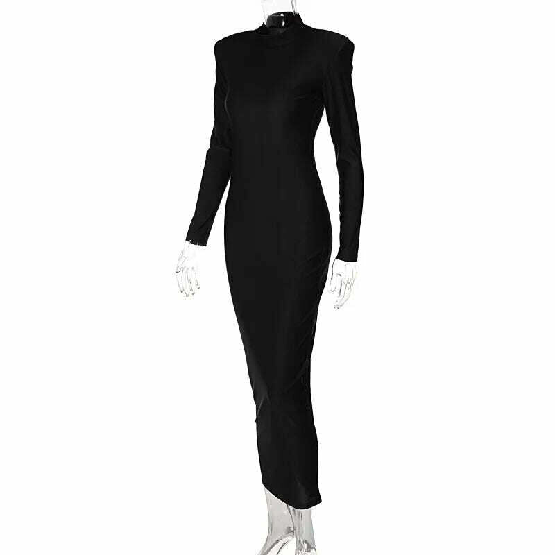 KIMLUD, Hugcitar Solid Long Sleeve With Shoulder Pads Turtleneck Maxi Dress 2022 New Year Women Fashion Streetwear Elegant Skinny, KIMLUD Womens Clothes