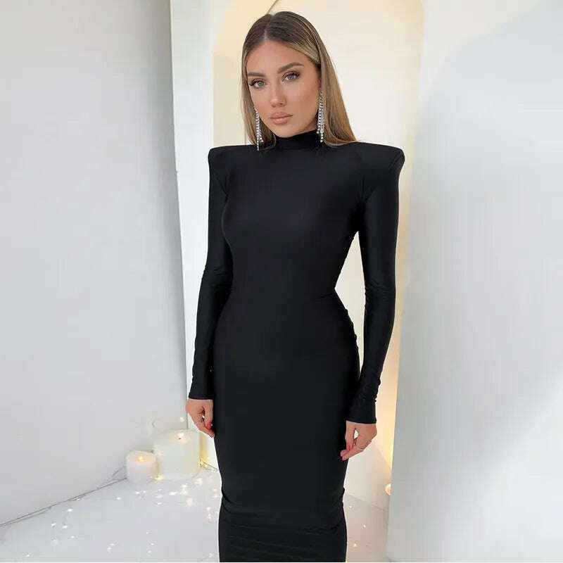 KIMLUD, Hugcitar Solid Long Sleeve With Shoulder Pads Turtleneck Maxi Dress 2022 New Year Women Fashion Streetwear Elegant Skinny, KIMLUD Womens Clothes