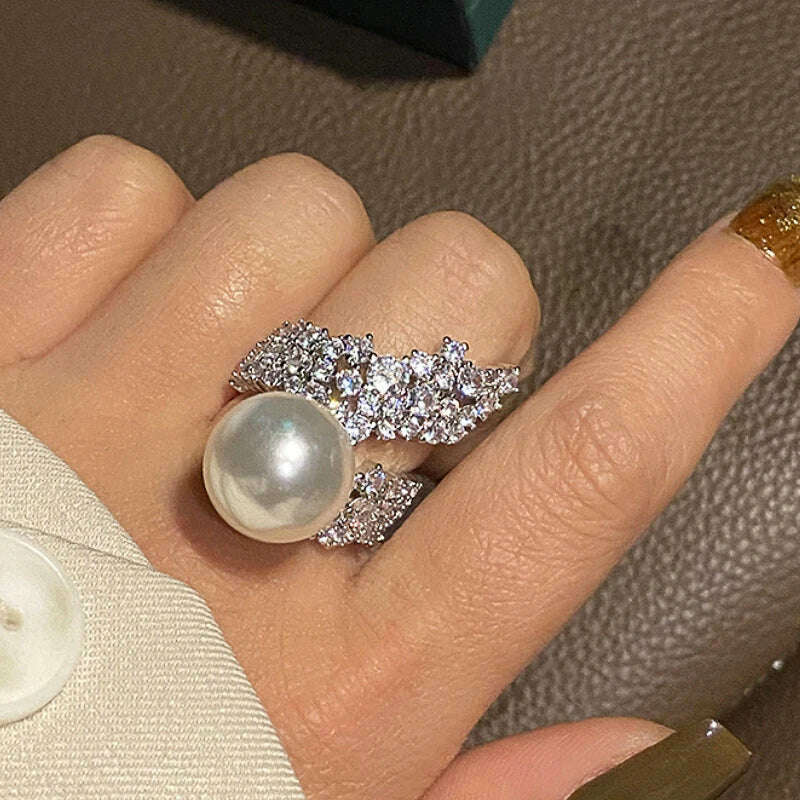 KIMLUD, Huitan Gorgeous Graceful Simulated Pearl Finger Ring Female Wedding Party Jewelry with Brilliant Zirconia Luxury Accessories, T0725 / 10, KIMLUD APPAREL - Womens Clothes