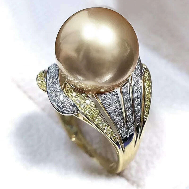 Huitan Luxury Champagne Simulated Pearl Ring Female Party Jewelry with Brilliant Zirconia Fashion Two-tone Style Accessories - KIMLUD