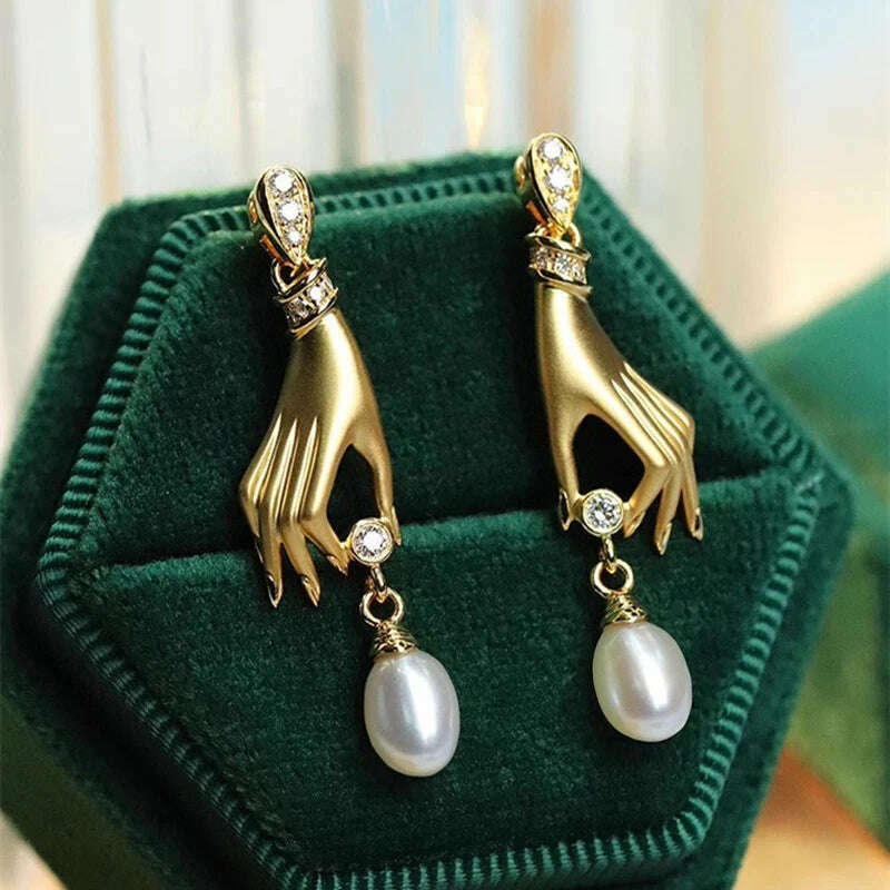 KIMLUD, Huitan Novel Design Hand with Imitation Pearl Dangle Earrings for Women Hot Trendy Female Accessory Daily Wear Statement Jewelry, E3555, KIMLUD APPAREL - Womens Clothes