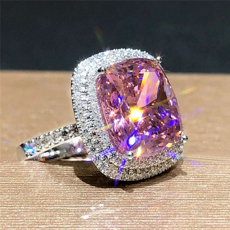 Huitan Personality Big Pink Cubic Zirconia Wedding Rings for Women Romantic Bridal Marriage Ceremony Party Rings Fashion Jewelry - KIMLUD