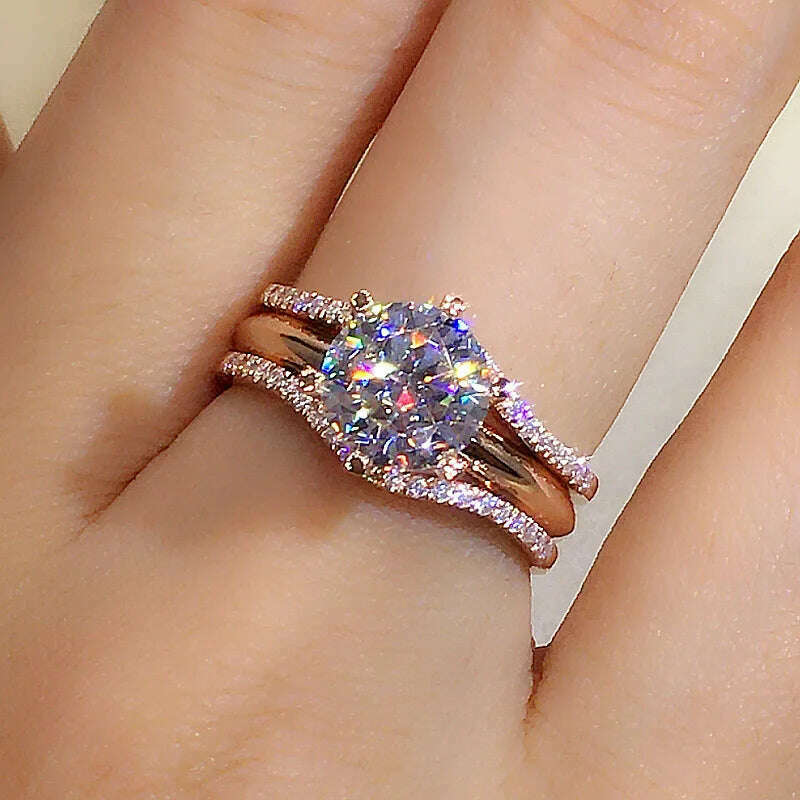 Huitan Unique Rose Gold Color Rings for Women Classic 6 Claws Designed Cubic Zirconia Rings Wedding Engagement Bands Hot Jewelry - KIMLUD