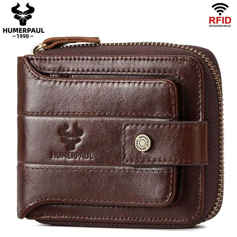 HUMERPAUL Genuine Leather Men's Wallet RFID Male Credit Card Holder with ID Window Multifunction Storage Bag Zipper Coin Purse - KIMLUD