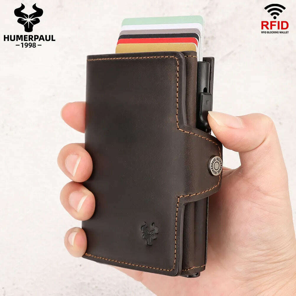 HUMERPAUL Smart Pop Up Card Wallet for Men RFID Genuine Leather Card Case Slim Women Zip Coin Purse with Notes Compartment - KIMLUD