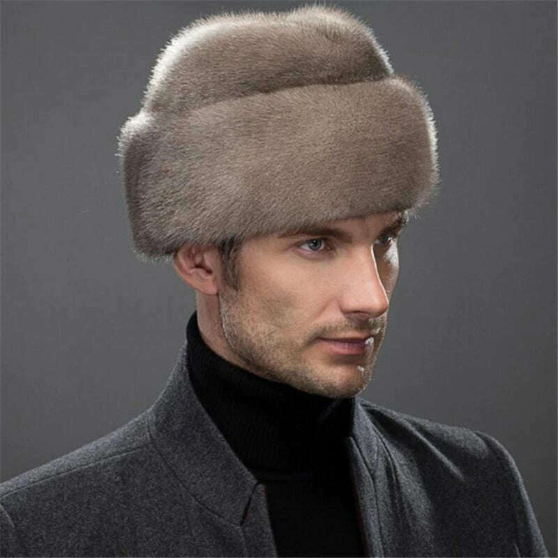 KIMLUD, IANLAN French Mens Full-pelt Mink Bomber Hats Real Mink Fur Earmuffs Hats Solid Winter Outdoor Warm Hats IL00237, KIMLUD Womens Clothes