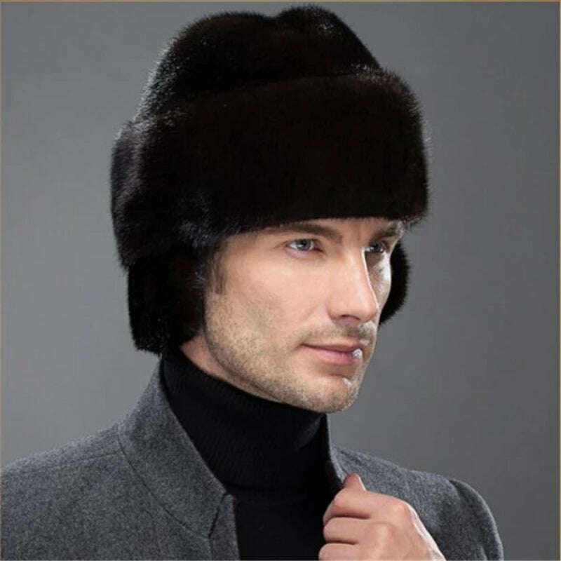 KIMLUD, IANLAN French Mens Full-pelt Mink Bomber Hats Real Mink Fur Earmuffs Hats Solid Winter Outdoor Warm Hats IL00237, KIMLUD Womens Clothes