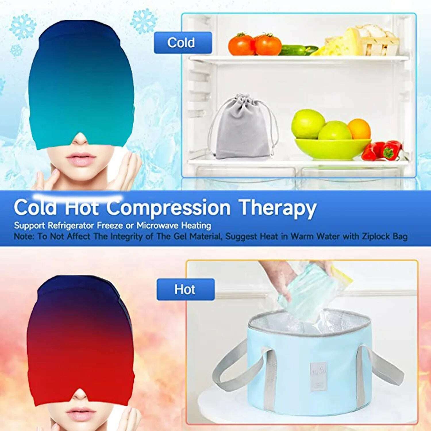 Ice Hat Gel Ice Headache Migraine Relief Hat Cold Compress Therapy Cap Ice Head Wrap Pack Mask For Tension Sinus Stress - KIMLUD