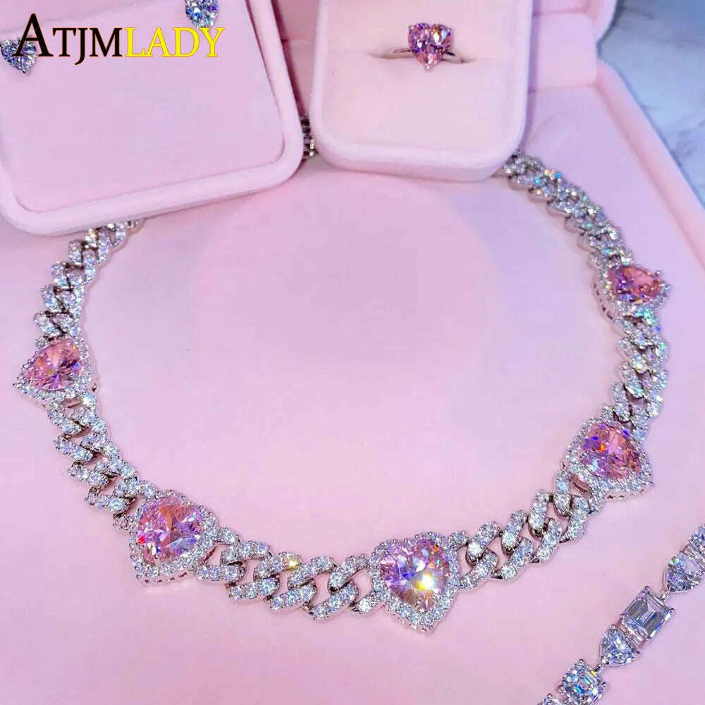 Iced Out Bling Cubic Zirconia 11mm Miami Cuban Link Chain Hearts Necklace Pink Heart CZ Charm Choker Jewelry Hiphop For Women - KIMLUD