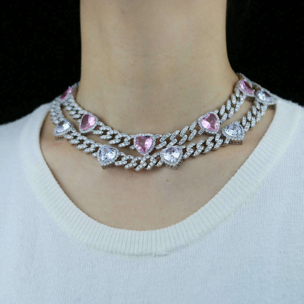 Iced Out Bling Cubic Zirconia 11mm Miami Cuban Link Chain Hearts Necklace Pink Heart CZ Charm Choker Jewelry Hiphop For Women - KIMLUD