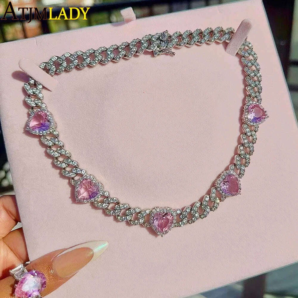 KIMLUD, Iced Out Bling Cubic Zirconia 11mm Miami Cuban Link Chain Hearts Necklace Pink Heart CZ Charm Choker Jewelry Hiphop For Women, KIMLUD Womens Clothes