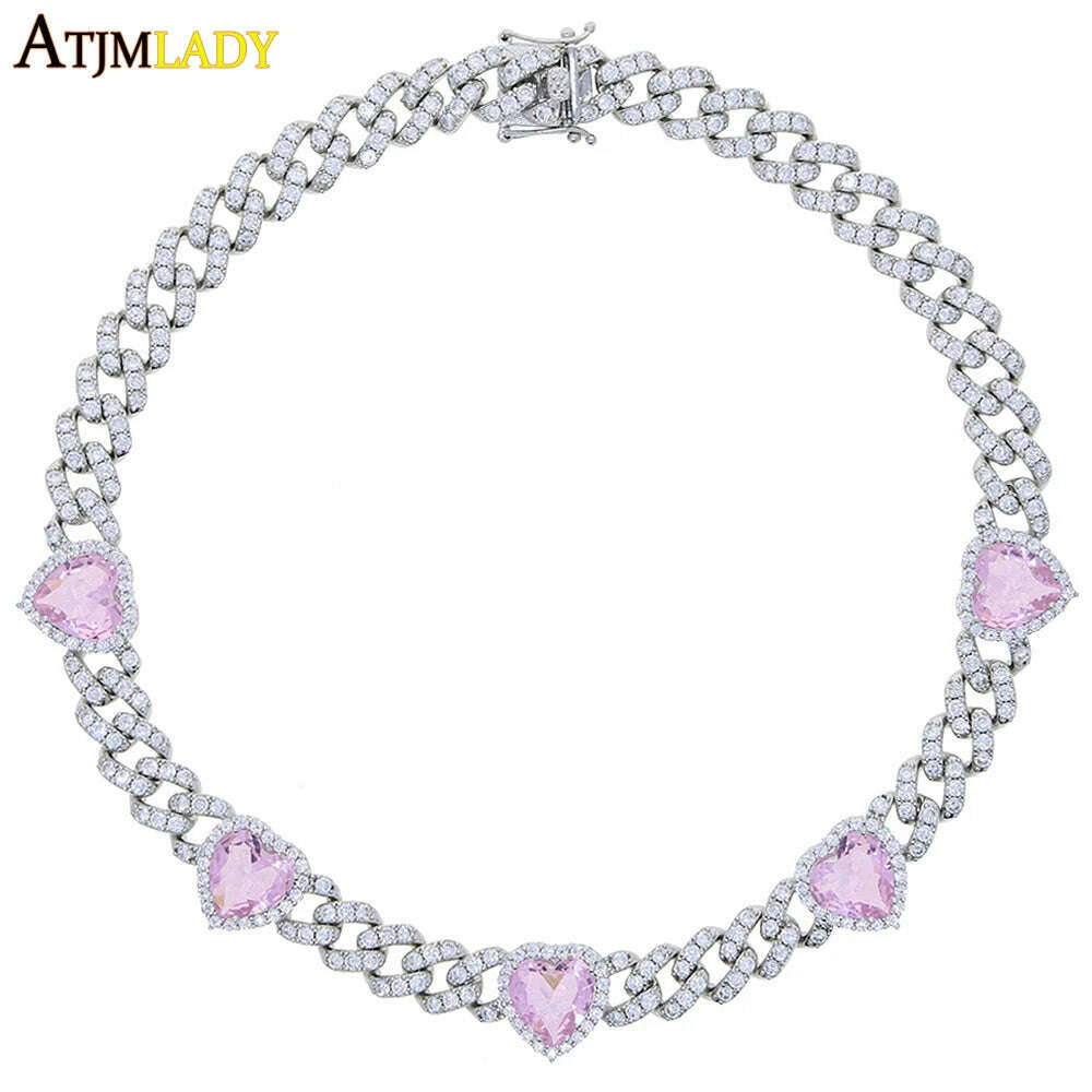 Iced Out Bling Cubic Zirconia 11mm Miami Cuban Link Chain Hearts Necklace Pink Heart CZ Charm Choker Jewelry Hiphop For Women - KIMLUD