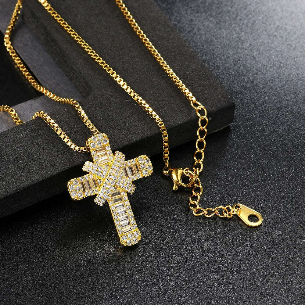 Iced Out Pendants Cross Necklaces for Women Hip Hop Gold Color Zircon Neck Chain Streetwear Hippie Jewelry Christmas Gift OHP142 - KIMLUD