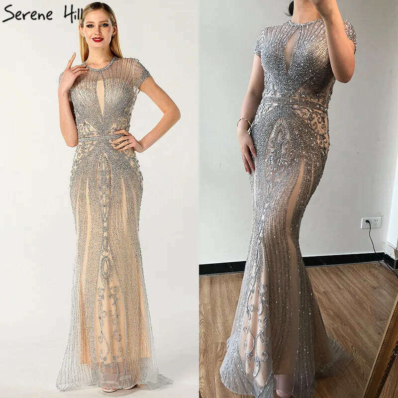 IN STOCK Navy Blue Sleeveless Luxury Evening Dresses Full Diamond Mermaid Evening Gowns 2024 Serene Hill Plus Size LA60742 - KIMLUD