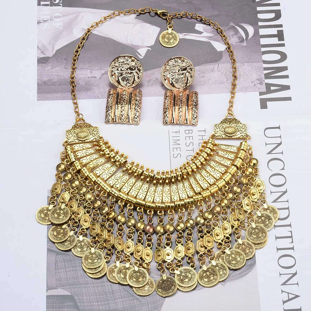 Indian Ethnic Vintage Coins Tassel Statement Necklace Women Jewelry Sets Boho Retro Metal Large Collar Choker Necklace Earrings - KIMLUD