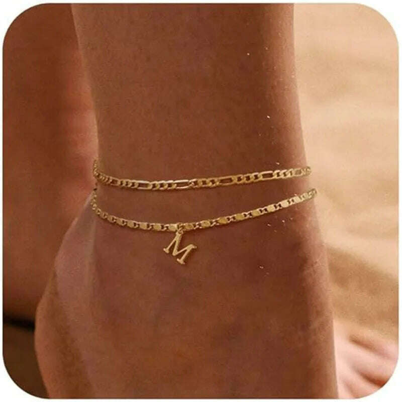 KIMLUD, Initial Layered Waterproof Anklet Bracelets On Leg Layering Thin Figaro Letter Anklets Summer Jewelry Gifts for Women Teen Girls, KIMLUD Womens Clothes