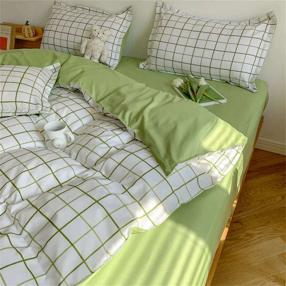 KIMLUD, Ins Green Grid Bedding Set Bed Linen Nordic Lattice Duvet Cover For Adults Boys Bedspread Flat Sheet Simple Single Quilt Cover, KIMLUD Womens Clothes