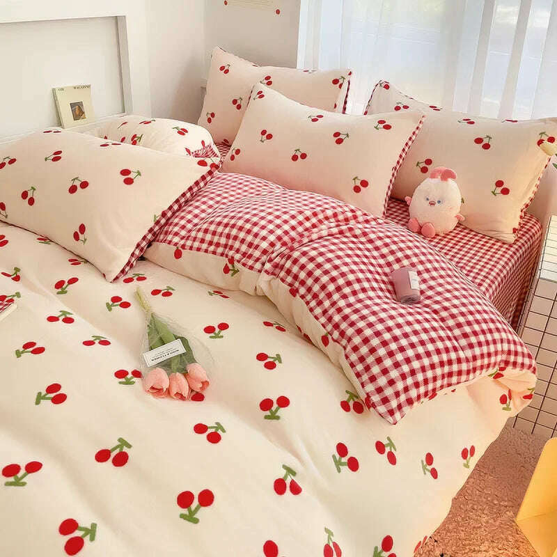 KIMLUD, Ins Heart Duvet Cover Set No Filler Flat Sheet Pillowcases Korean Style Floral Single Double Full Size Soft Girl Boys Bed Linens, 20 / Twin 3pcs for 1m bed, KIMLUD APPAREL - Womens Clothes